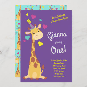 Invitation Giraffe Cute Kids 1ère fête d'anniversaire Filles