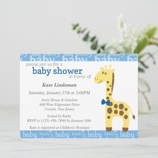 Invitation Giraffe en Baby shower bleu Bow pour garçon (Debout devant)