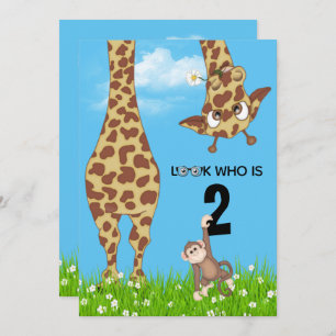 Invitation Giraffe et singe du 2e anniversaire en herbe