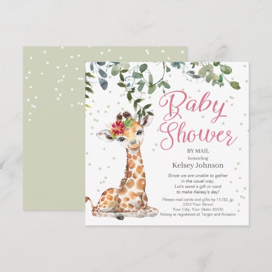Invitation Giraffe Eucalyptus Baby shower floral rose (Devant / Derrière)