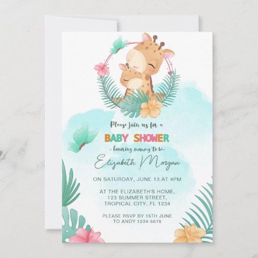 Invitation Giraffe Forêt tropicale thème bleu (Devant)