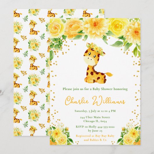 Invitation Giraffe Genre Baby shower neutre (Devant / Derrière)