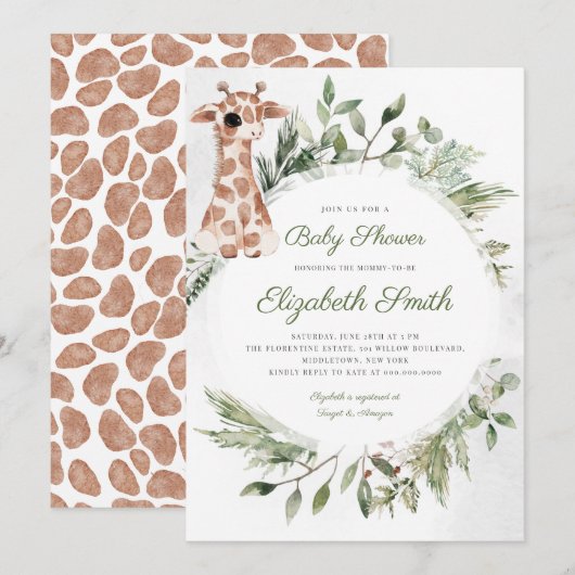 Invitation Giraffe Green Genre Neutre Baby shower animal (Devant / Derrière)