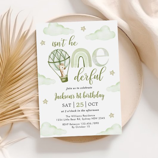 Invitation Giraffe Hot Air Balloon Green Boy 1er anniversaire