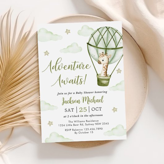 Invitation Giraffe Hot Air Balloon Green Boy Baby shower