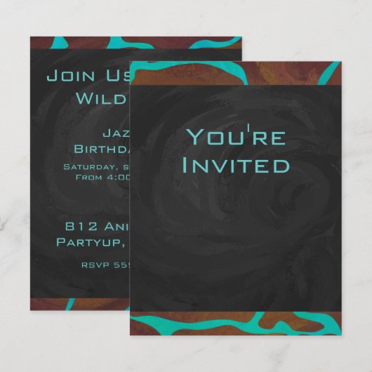 Invitation Giraffe Impression Brown et Turquoise (Devant / Derrière)