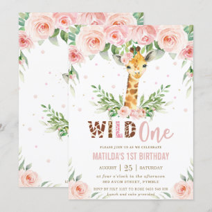 Invitation Giraffe Jungle Safari Blush Floral 1er anniversair