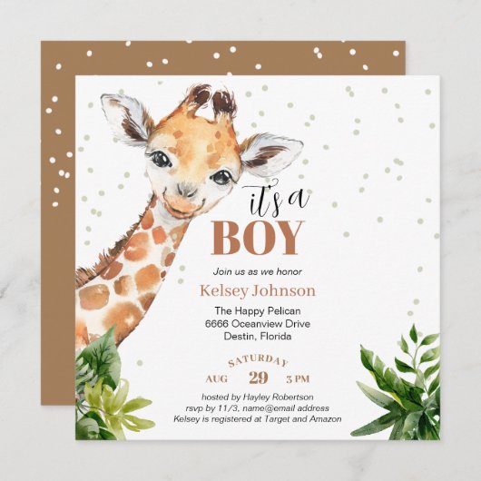 Invitation Giraffe Jungle Safari C'est un Baby shower vert ga (Devant / Derrière)