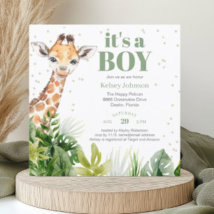 Invitation Giraffe Jungle Safari Garçon Baby shower vert