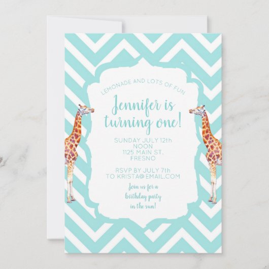 Invitation Giraffe on zigzzag chevron. (Devant)