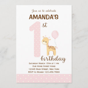 Invitation Giraffe Premier Anniversaire (Rose)