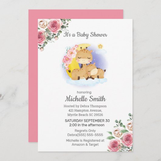 Invitation Giraffe rose Floral Baby shower maman (Devant / Derrière)