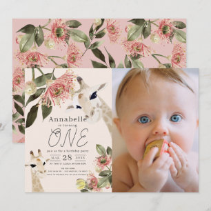 Invitation Giraffe Rose Floral Girl 1er Anniversaire Photo
