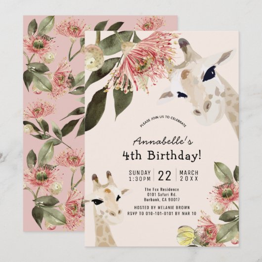 Invitation Giraffe Rose Floral Girl Anniversaire (Devant / Derrière)