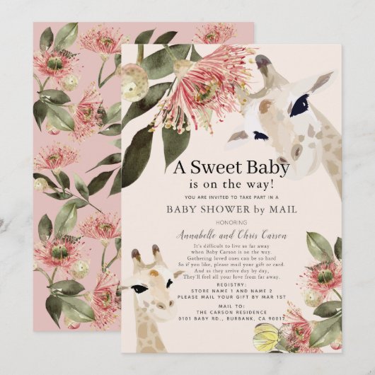 Invitation Giraffe Rose Floral Girl Baby shower par la poste (Devant / Derrière)