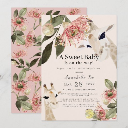 Invitation Giraffe Rose Floral Girl Baby shower virtuel (Devant / Derrière)