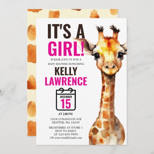Invitation Giraffe Safari bébé fille douche (Devant / Derrière)