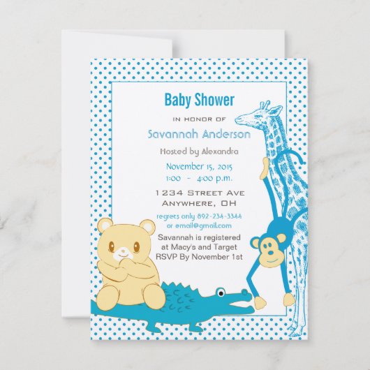 Invitation Giraffe Singe Alligator Baby Teddy Boy Douche (Devant)