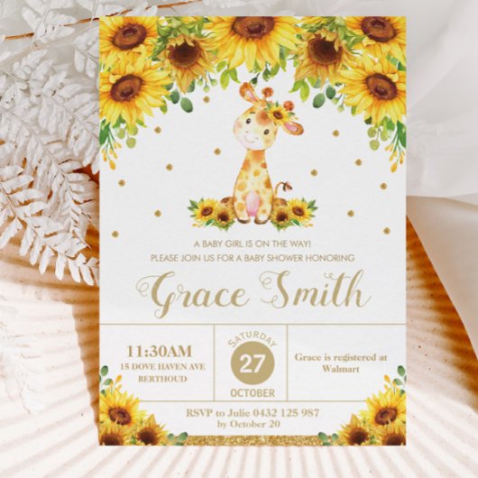 Invitation Giraffe tournesol floral Baby shower fille