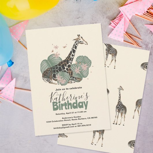 Invitation Giraffe Tropical Greenery Animal Birthday Party 