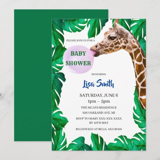 Invitation Giraffe Whimsical soufflant Baby shower de gomme d (Devant / Derrière)