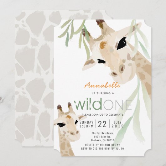 Invitation Giraffe Wild One Watercolor Enfants 1er anniversai (Devant / Derrière)
