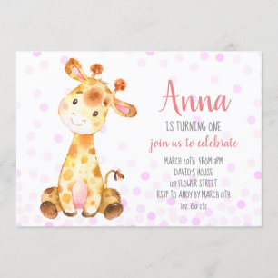 Invitation Giraffy Baby Girl Cute Confetti Anniversaire rose