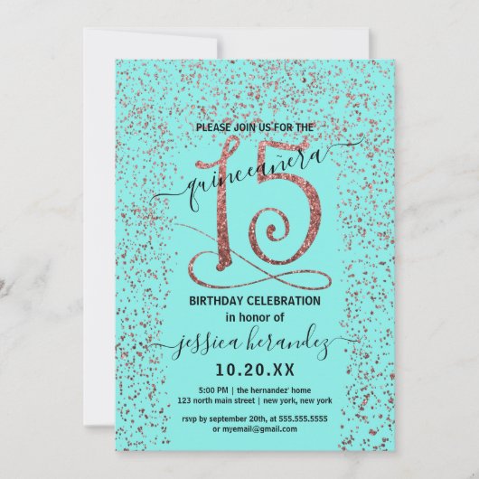 Invitation Girl Aqua Rose Gold Confetti Frontière Quinceañera (Devant)