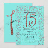 Invitation Girl Aqua Rose Gold Confetti Frontière Quinceañera (Devant / Derrière)