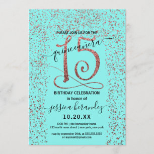 Invitation Girl Aqua Rose Gold Confetti Frontière Quinceañera
