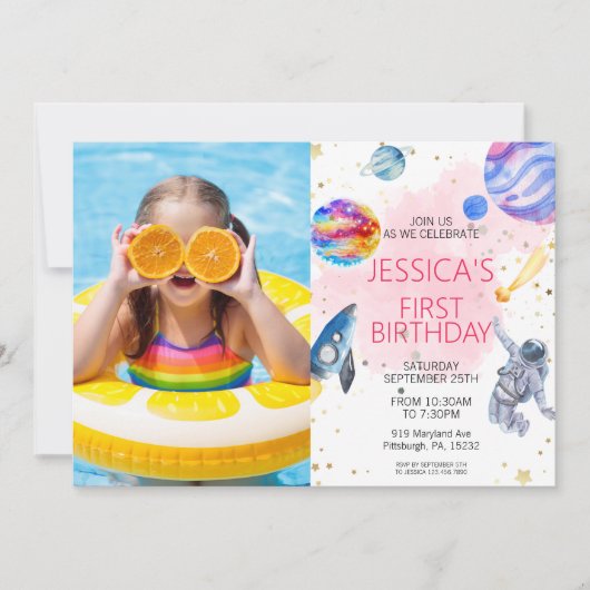 Invitation Girl Astronaut spatial Rocket Ship Planet (Devant)