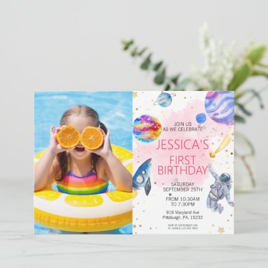 Invitation Girl Astronaut spatial Rocket Ship Planet (Debout devant)