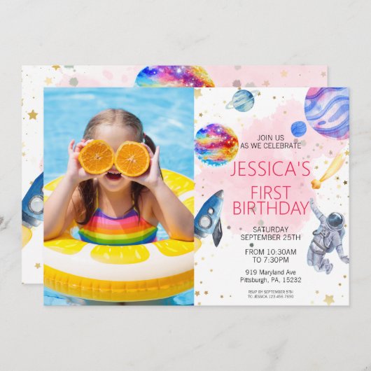 Invitation Girl Astronaut spatial Rocket Ship Planet (Devant / Derrière)