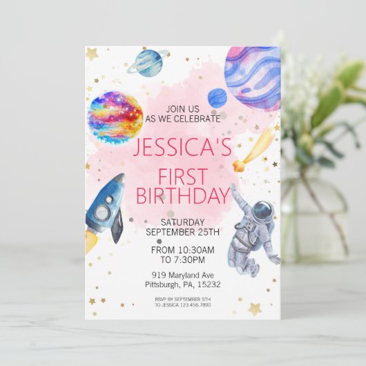 Invitation Girl Astronaut spatial Rocket Ship Planet (Debout devant)