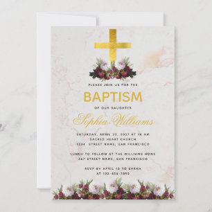 Invitation Girl Baptism Gold Cross Burgundy Peonies Marbre