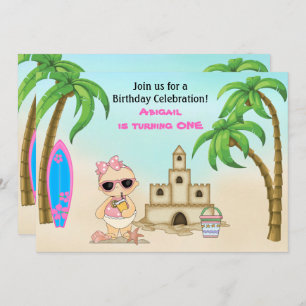 Invitation Girl Beach Baby Sandcastle, Surfboard 1er annivers