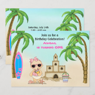 Invitation Girl Beach Baby Sandcastle, Surfboard 1er annivers