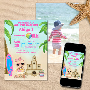 Invitation Girl Beach Baby Surfboard 1er Birthday PHOTO