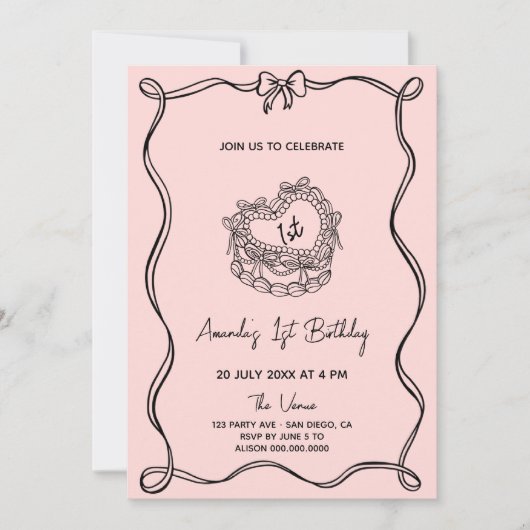 Invitation Girl Bow Premier anniversaire (Devant)