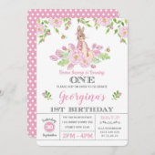 Invitation Girl Bunny 1er anniversaire fête Pink Garden Flora (Devant / Derrière)