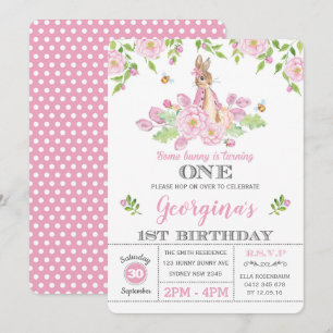Invitation Girl Bunny 1er anniversaire fête Pink Garden Flora