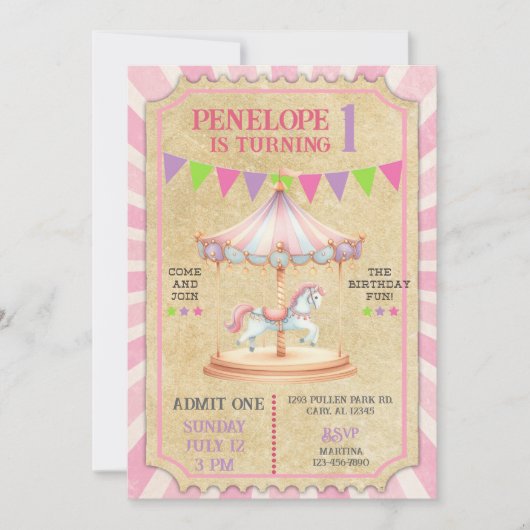 Invitation Girl carnival merry go round birthday invite. (Devant)