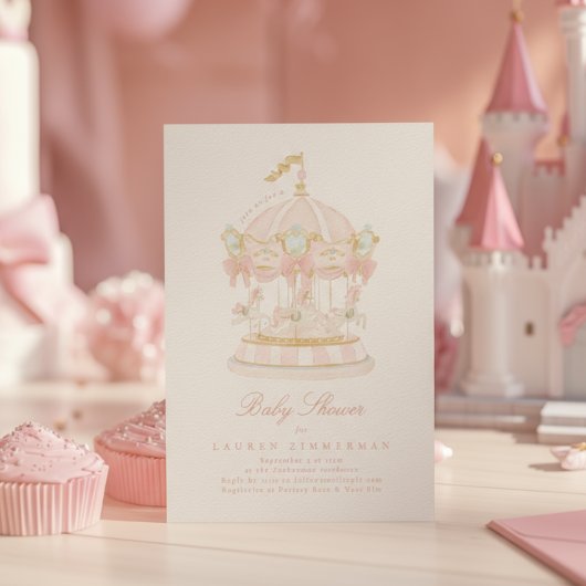 Invitation Girl Carousel Fairytale Bows Pink Baby Shower