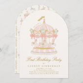 Invitation Girl Carousel Fairytale Cream Arch Birthday Party (Devant / Derrière)