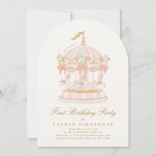 Invitation Girl Carousel Fairytale Cream Arch Birthday Party (Devant)