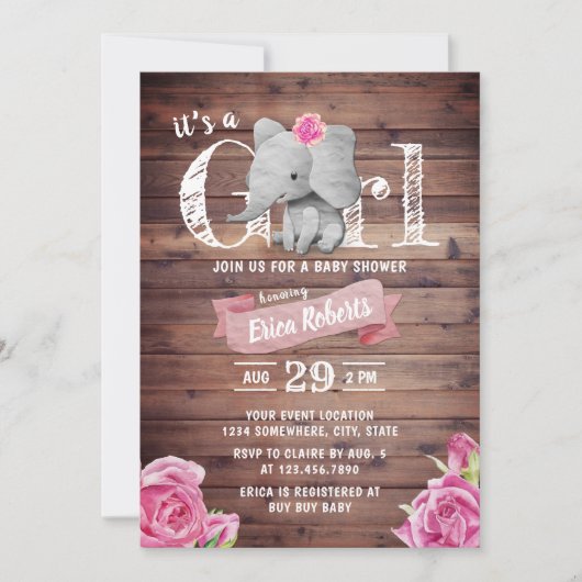 Invitation Girl Cute Elephant Rustique Baby shower Floral (Devant)