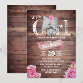 Invitation Girl Cute Elephant Rustique Baby shower Floral (Devant / Derrière)