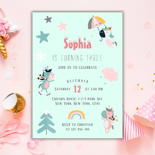 Invitation Girl Cute Unicorn fête d'anniversaire