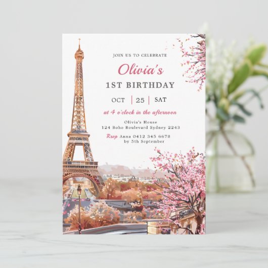 Invitation Girl Eiffel Tower Paris 1er anniversaire (Debout devant)