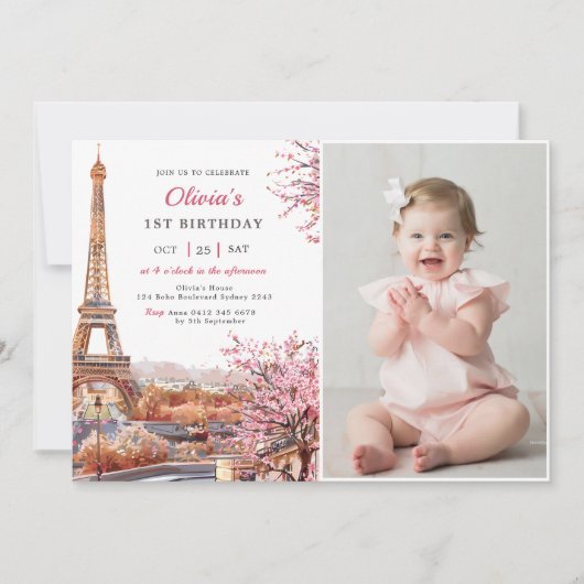 Invitation Girl Eiffel Tower Paris 1er Anniversaire Photo (Devant)